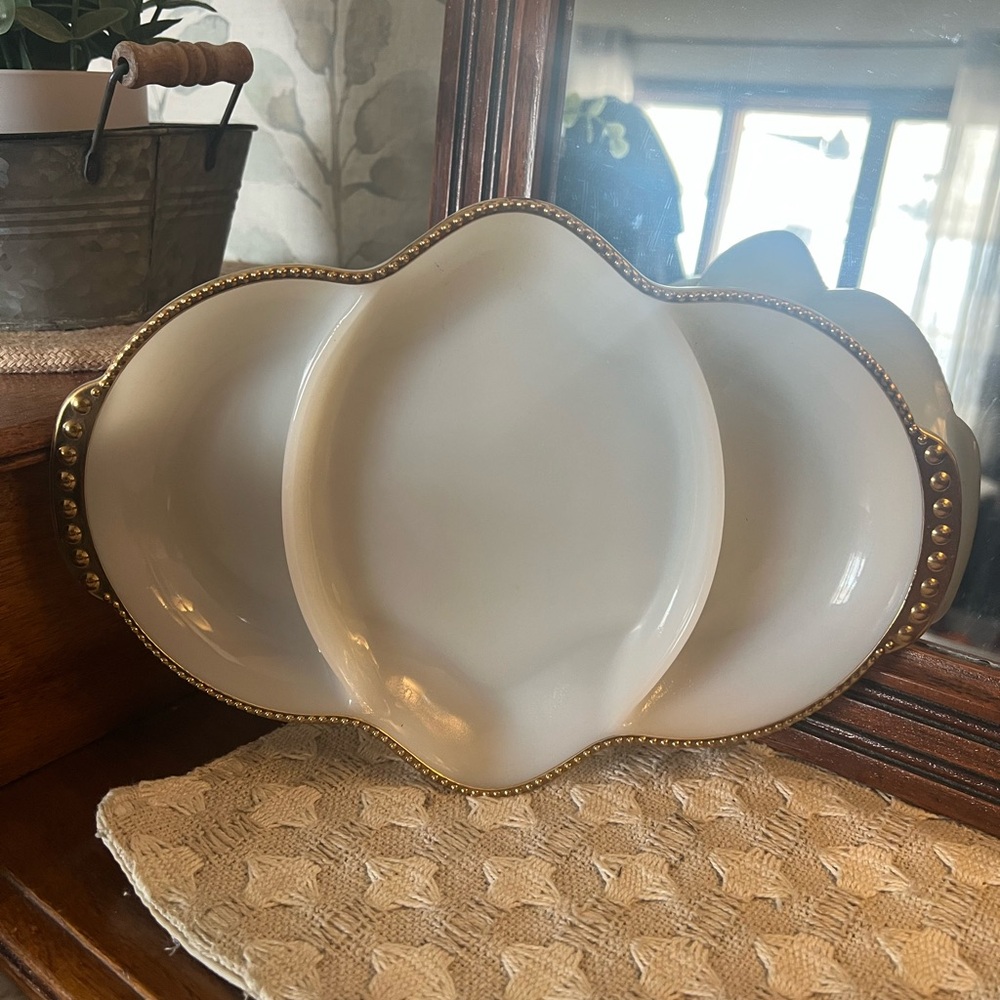 FIRE KING Milk Glass White & Gold‎ Divided Relish Dish Tray Approx. 11in. Wide
